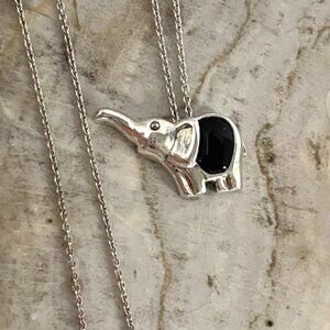 Sterling Silver 925 Elephant Pendant Necklace Black Enamel Marcasite 19" Chain